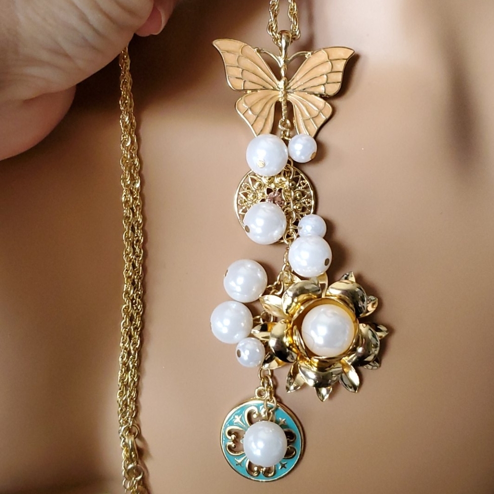 Long Gold  Sweater Necklace Peach butterfly pearls flowers fashion jewelry *